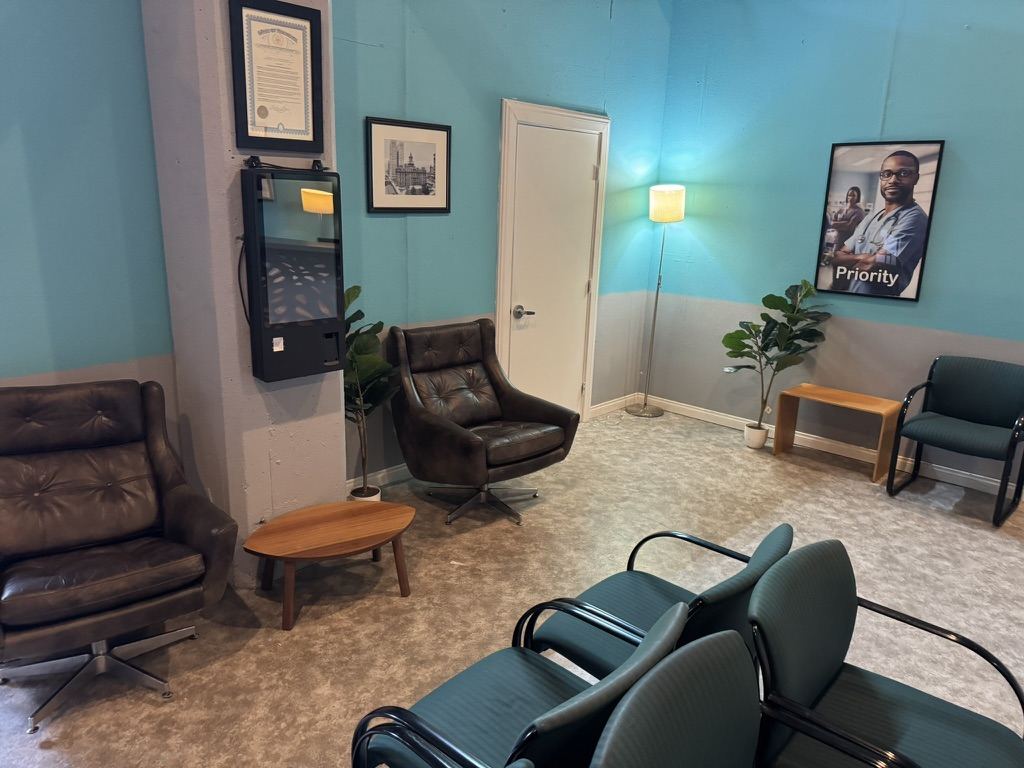 Teal reception seating — reverse view