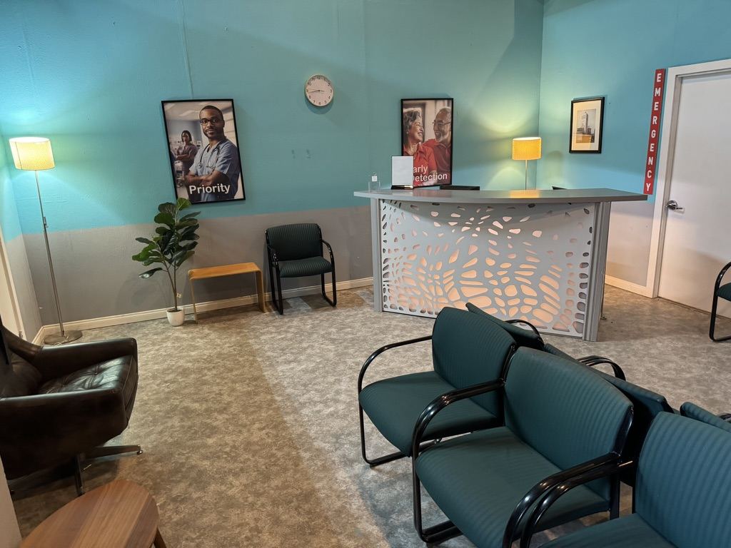 Finished teal medical reception dressing — wide view